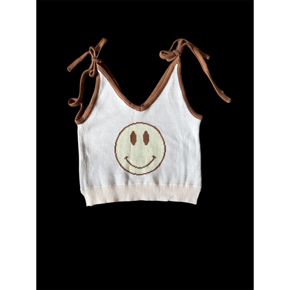 MISS SPARKLING Knit Happy face sweater tankTank Top Tie Shoulder Brown Cream - Picture 2 of 10